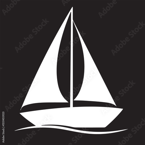 A white silhouette of a sailboat with sails unfurled, gliding on water, set against a black background.