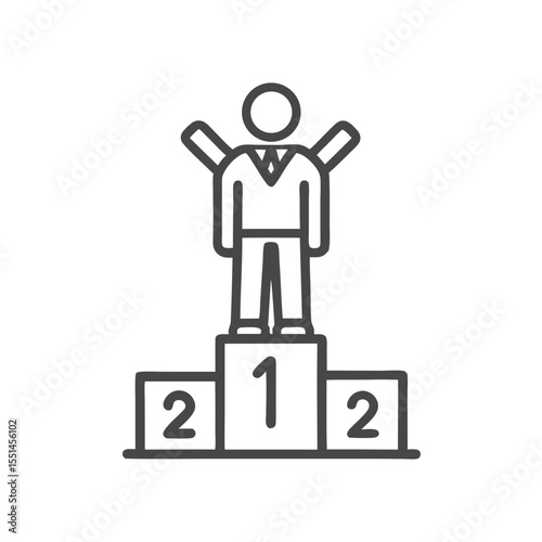 Line art illustration of a male winner celebrating on a podium with arms raised, showcasing achievement and victory.