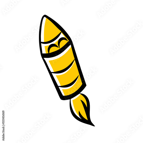 A vibrant, stylized yellow rocket illustration soaring upward, symbolizing innovation and creativity.