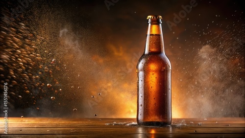 Glass Brown Cold Beer Bottle Droplets Falling On Table, bottle, alcohol, bottle,alcohol,pour,inanimate objects