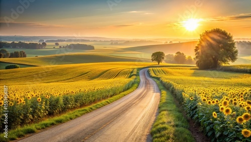 Rural landscape with a bend in the road surrounded by vast fields of sunflower oilseed rape in summer
