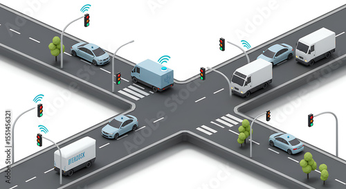 Isometric view of a smart city intersection with various vehicles and traffic signals.