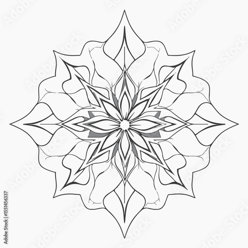 A monochrome, intricate mandala-like design with radiating petals and symmetrical patterns, perfect for coloring or decorative purposes.