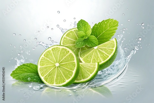 Lime slices and mint leaves are splashing in clear water