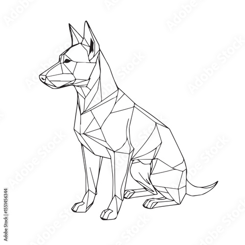 A geometric, low-poly outline of a sitting dog, abstract and modern, composed of interconnected lines forming a striking animal art piece.