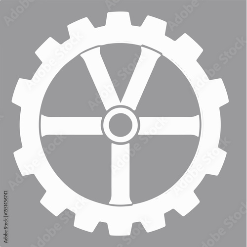 A white cogwheel or gear with a cross-shaped spoke design on a gray background, symbolizing industry, mechanics, or settings.