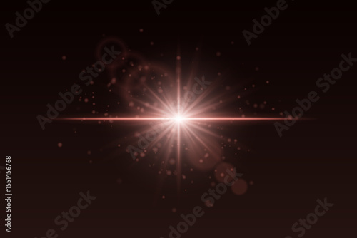 Radiating red burst with glowing particles and lens reflections. Soft sparkle light for cinematic magic or special effects.