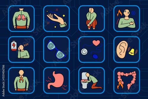 Panic symptoms set icon. Lung pressure, shaking hand, crouching man, chills, drained energy, vision distortion, heart check, ear ringing, heartburn, stomach cramp, vomiting, colon burning.