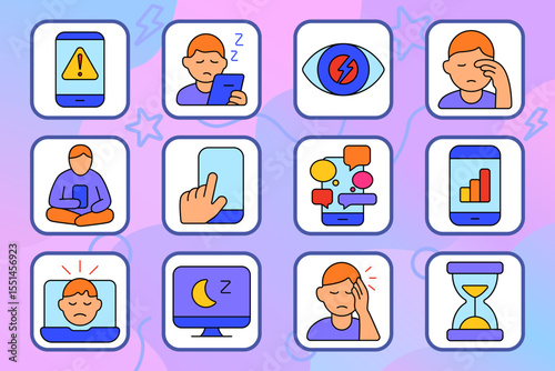 Digital fatigue set icon. Displays phone alert, tired user, strained eye, sleepy screen, headache, usage chart, messaging overload, hourglass, seated posture, tap gesture, data fatigue