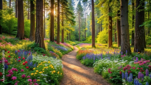Fototapeta Naklejka Na Ścianę i Meble -  A serene forest with a winding path leading to a cluster of vibrant wildflowers