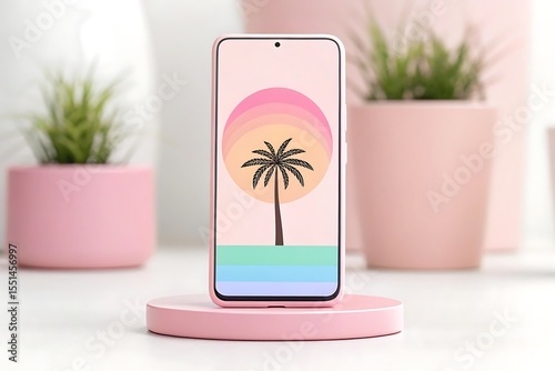 Smartphone displaying palm tree illustration on a pink pedestal