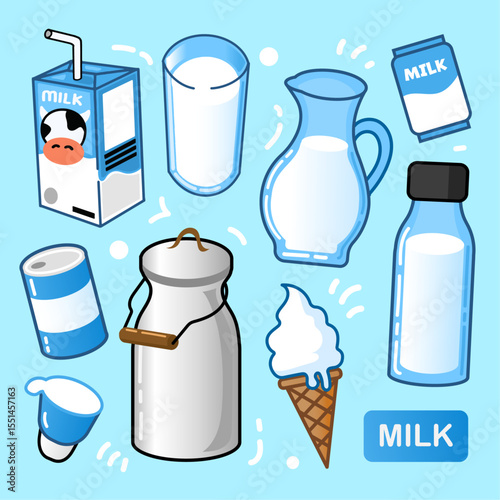 A colorful and playful vector illustration set featuring various milk and dairy product icons in a cute cartoon style. Includes milk cartons, glass of milk, jug, bottle, tin can, ice cream cone, yogur