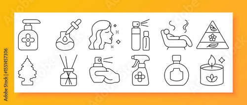 Aromatherapy set icon. Depicts diffusers, oil bottles, scented sprays, candles, essential oil droppers, relaxed person on couch, fragrance pyramid, and various air freshener designs