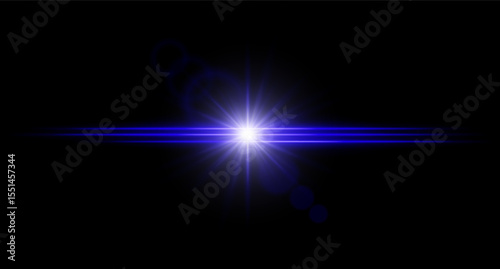 Bright color flare with radiant burst and lens rings on dark background. Light explosion with intense horizontal beams.