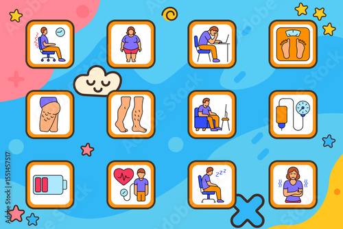 Sedentary lifestyle icon. Poor posture, overweight woman, desk fatigue, weight scale, cellulite, varicose veins, couch watching TV, blood pressure, low battery, heart check, nap in chair, cold body