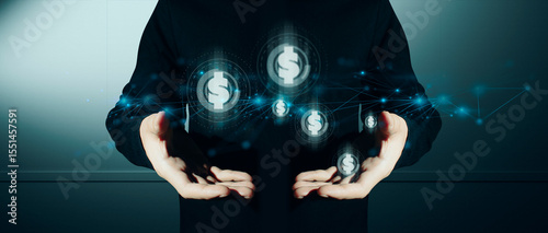 hand of businessman interactive touching a holographic of transaction financial network data system, concept of technology artificial intelligence with human user application