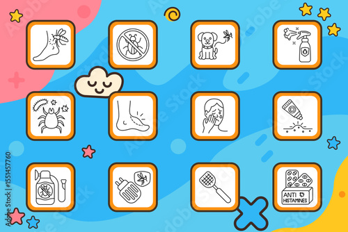 Insect allergy set icon. Mosquito on foot, crossed insect, dog with mosquito, spray bottle, tick, foot swelling, face allergy, rash ointment, anti-bug detergent, baby spray, swatter, antihistamines