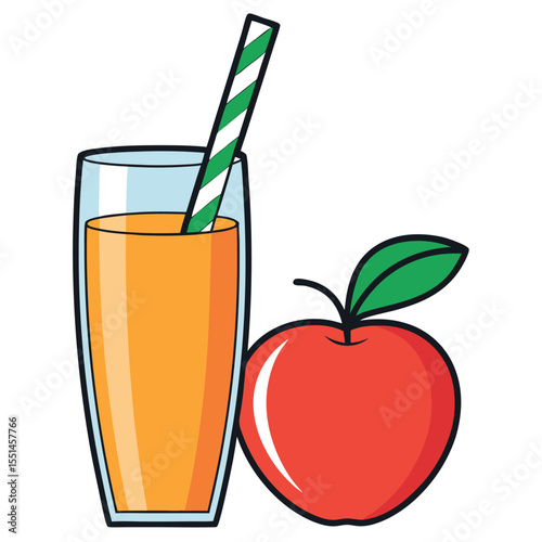 Glass of orange juice with a red apple and striped straw isolated on white background