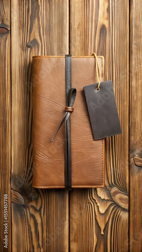 A leather-bound book tied with a black ribbon and hung on a wooden wall with a price tag attached