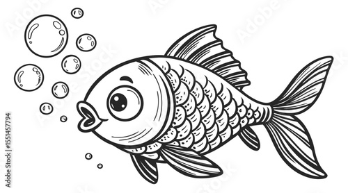 Vintage Engraving Style Cartoon Fish Blowing Bubbles Illustration