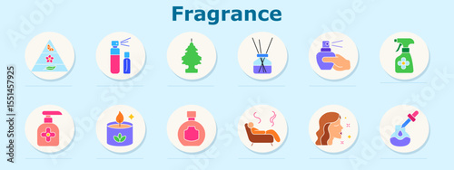 Fragrance set icon. Includes scent pyramid, atomizers, tree scent, diffuser, nose with sprayer, cleaner bottle, hand soap, candle, flask, aroma lines, face profile, essential oil dropper