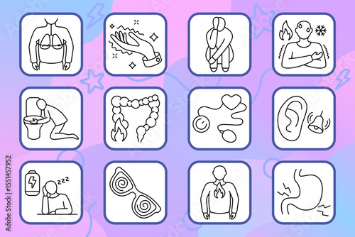 Panic attack set icon. Chest pressure, trembling, fear, vomiting, intestine burning, dizziness, hearing issues, fatigue, visual distortion, death fear, eye twitching, stomach pain.