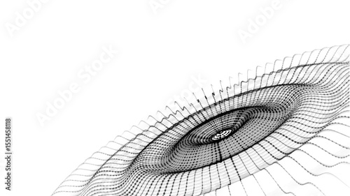 Abstract music sound wave with dots and lines. Dark cyberspace with moving particles. Vector futuristic white circle wave with digital database. Big data analytics.
