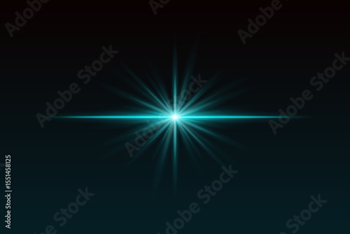 Blue starburst light with sharp rays and glow effect. Radiating flare creates elegant highlight for spotlight, flash, or sparkle visuals.
