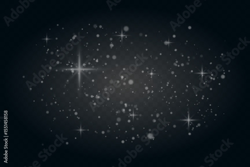 Glowing white particles and star flares scattered across dark background. Soft dreamy light sparkles for festive or magical visuals.