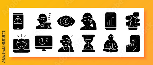 Digital fatigue set icon. Shows phone messages, eye rubbing, laptop strain, sleep screen, headache, hourglass, alert phone, tap gesture, seated person, bar chart, eye stress, sleepiness