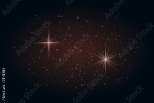 Soft red sparkles and glowing star flares with particles. Light effects on transparent dark background for festive scenes.