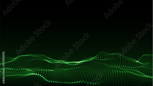 Vector digital technology wave. Dark cyberspace with green motion dots. Futuristic digital background. Big data analytics.