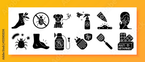 Insect bite prevention and treatment set icon. Shows mosquitoes, ticks, insect repellents, bitten skin, allergic reactions, fly swatter, antihistamines, and protective methods for humans and pets.