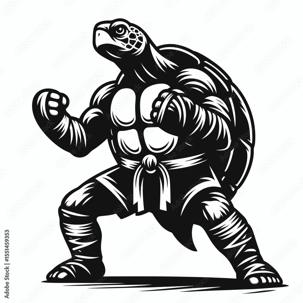 Fototapeta premium Turtle in muay thai costume. Boxing Sport Cartoon Animal Clipart Line Art Vector Illustration. Reptile kickboxing garb martial arts outfit fighter apparel fancy dress.
