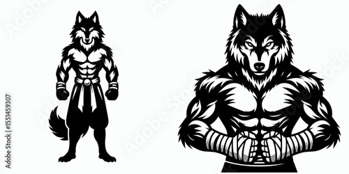 Wolf in muay thai costume. Boxing Sport Cartoon Animal Clipart Line Art Vector Illustration. Canine kickboxing garment wild wearing attire for combat.
