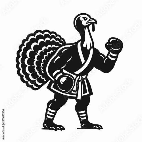 Turkey in muay thai costume. Boxing Sport Cartoon Animal Clipart Line Art Vector Illustration. Fowl wearing martial arts gear avian figure apparel.