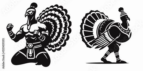 Turkey in muay thai costume. Boxing Sport Cartoon Animal Clipart Line Art Vector Illustration. Fowl wearing combat attire holiday bird outfit.