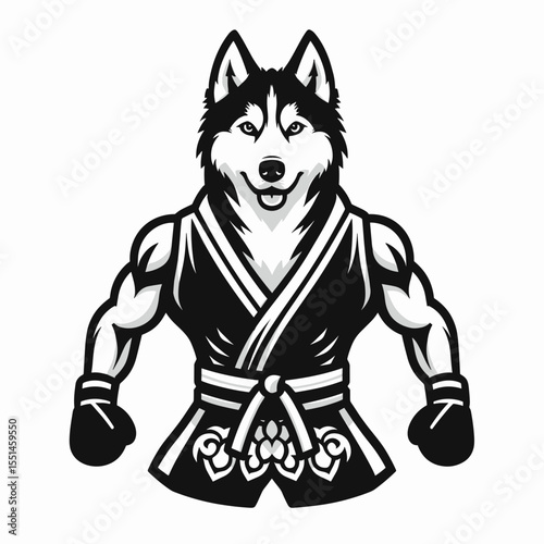 Siberian Husky Dog in muay thai costume. Boxing Sport Cartoon Animal Clipart Line Art Vector Illustration. Canine martial outfit breed fighting apparel.