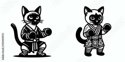 Siamese Cat in muay thai costume. Boxing Sport Cartoon Animal Clipart Line Art Vector Illustration. Oriental kitty fight apparel a feline martial concept.