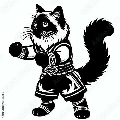 Ragdoll Cat in muay thai costume. Boxing Sport Cartoon Animal Clipart Line Art Vector Illustration. Fluffy feline combat dress cute fighting arts apparel.