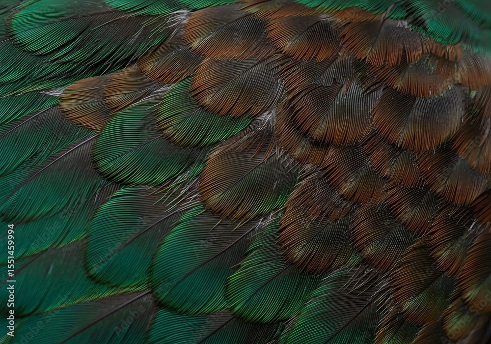 Fototapeta premium Emerald and Bronze Bird Feathers: A Close-Up Macro Photograph