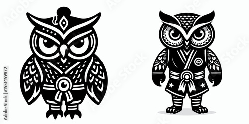 Owl in muay thai costume. Boxing Sport Cartoon Animal Clipart Line Art Vector Illustration. Bird wearing attire combat apparel outfit.