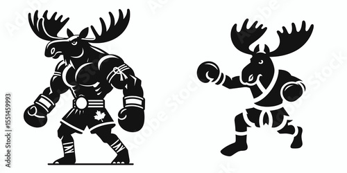 Moose in muay thai costume. Boxing Sport Cartoon Animal Clipart Line Art Vector Illustration. Big deer kickboxing apparel combat garb.