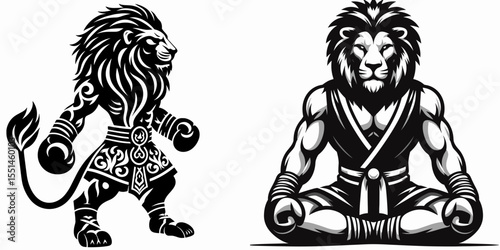 Lion in muay thai costume. Boxing Sport Cartoon Animal Clipart Line Art Vector Illustration. Feline combat garb large cat wearing kickboxing fighter uniform.