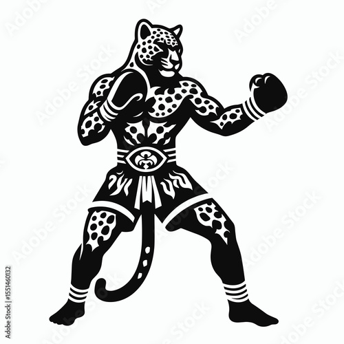 Leopard in muay thai costume. Boxing Sport Cartoon Animal Clipart Line Art Vector Illustration. Wildcat combat apparel southeast asian martial attire feline fighter.