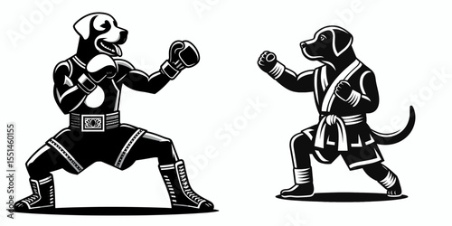 Labrador Retriever Dog in muay thai costume. Boxing Sport Cartoon Animal Clipart Line Art Vector Illustration. Canine fighter outfit breed martial theme doggie apparel.