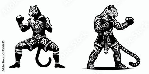 Leopard in muay thai costume. Boxing Sport Cartoon Animal Clipart Line Art Vector Illustration. Wildcat fighter attire southeast asia cloth apparel.