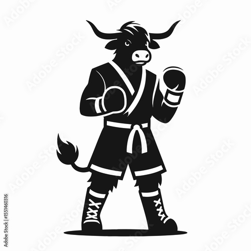 Highland Cow in muay thai costume. Boxing Sport Cartoon Animal Clipart Line Art Vector Illustration. Shaggy cattle combat apparel scottish bovine garment.