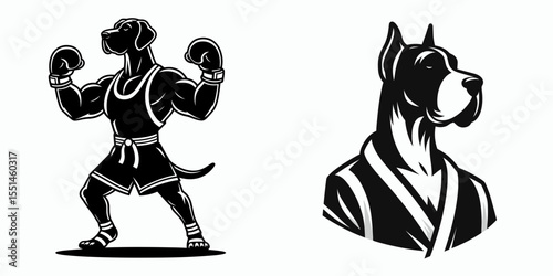 Great Dane Dog in muay thai costume. Boxing Sport Cartoon Animal Clipart Line Art Vector Illustration. Huge canine kickboxing outfit a pet wearing fighter gear for.