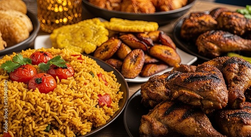 Caribbean Feast: Rice, Tomatoes, Plantains, and Grilled Chicken on Dark Plates